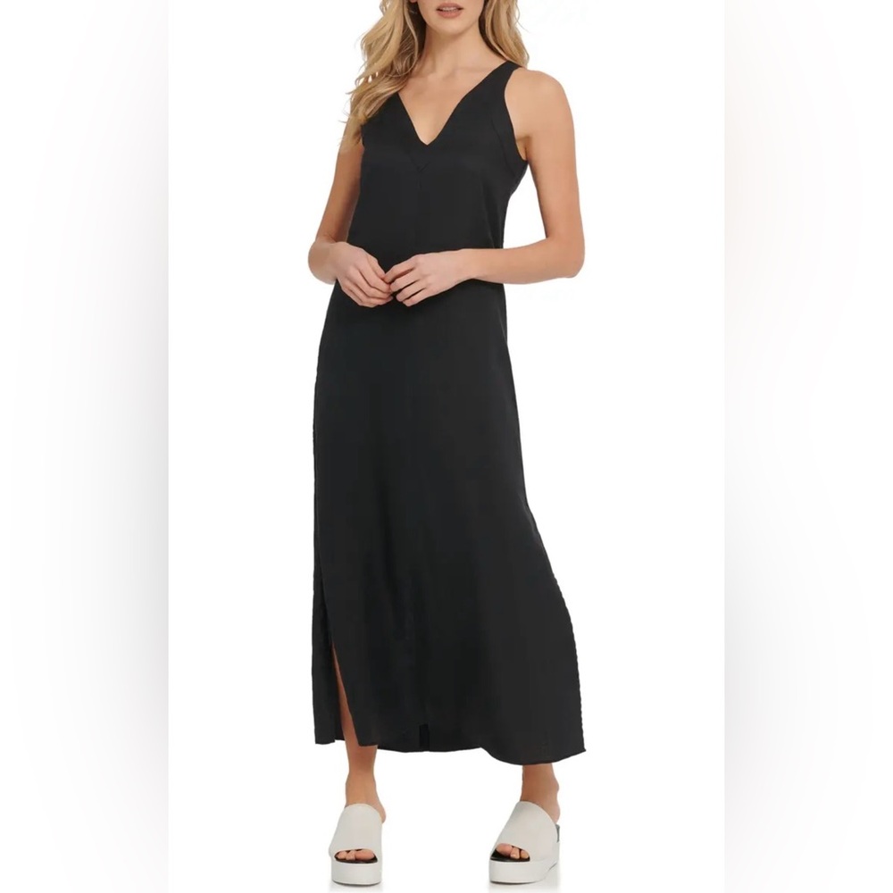 DKNY V-Neck‎ Linen Maxi Slip Dress Minimalist Lagenlook Classic Quiet Luxury